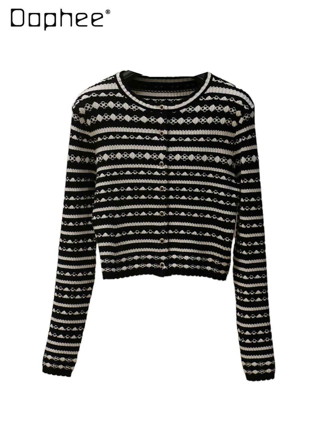Autumn New French Elegant Socialite Striped Knitted Cardigan Women Commuting Style Fashion Short Round Neck Long Sleeve Sweaters
Autumn New French Elegant Socialite Striped Knitted Cardigan Women Commuting Style Fashion Short Round Neck Long Sleeve Sweaters