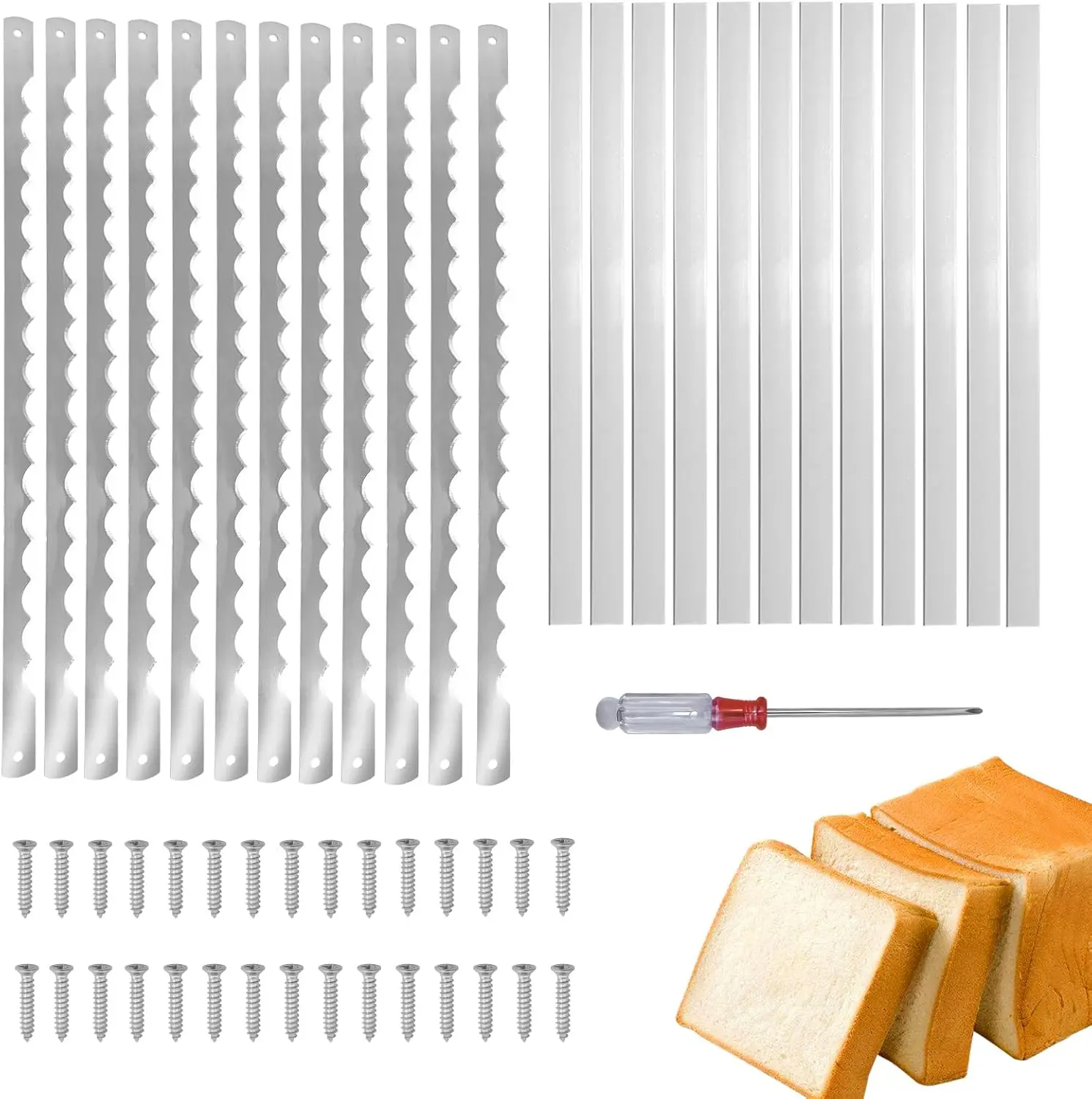 12 Pcs 10.8" Serrated Stainless Steel Bread Knife Blades with Screws, Screwdriver & Safety Guard, Replacement for Wood Bread Cutter
12 Pcs 10.8" Serrated Stainless Steel Bread Knife Blades with Screws, Screwdriver & Safety Guard, Replacement for Wood Bread Cutter