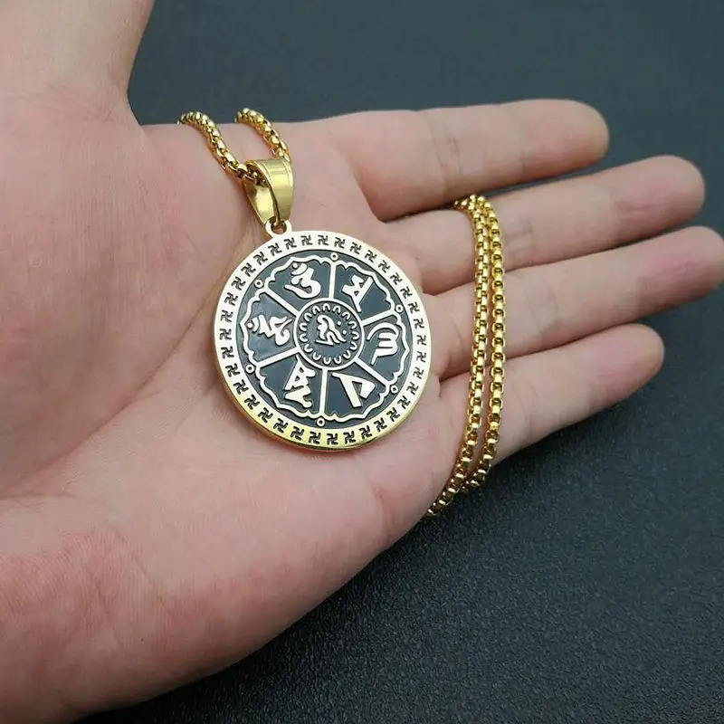 Punk Style Stainless Stee Buddhism Mantra Round Pendants Necklaces for Men Rock Jewelry Drop Shipping 
Punk Style Stainless Stee Buddhism Mantra Round Pendants Necklaces for Men Rock Jewelry Drop Shipping