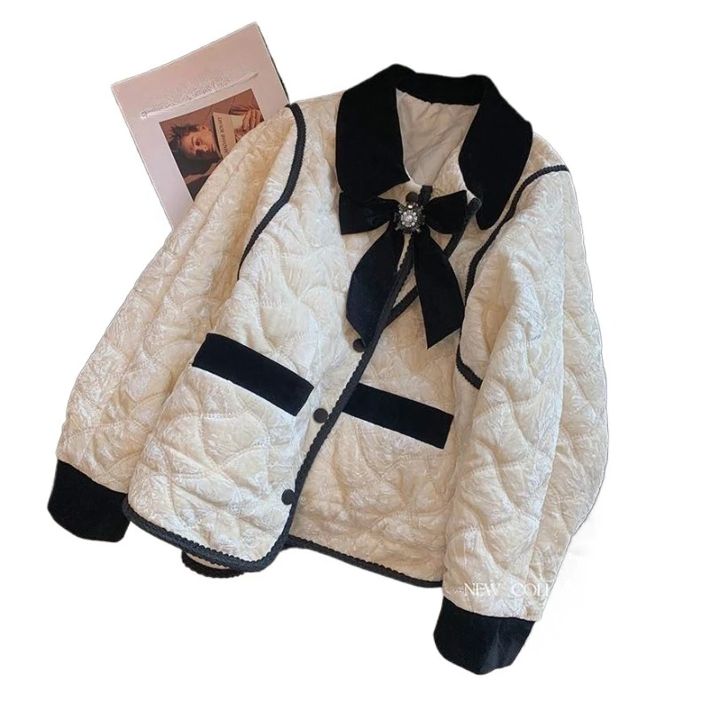 Contrasting Color Splicing Small Fragrant Wind Velvet Cotton Coat Women's Winter New Bow Temperament Warm Cotton Coat Commute
Contrasting Color Splicing Small Fragrant Wind Velvet Cotton Coat Women's Winter New Bow Temperament Warm Cotton Coat Commute
