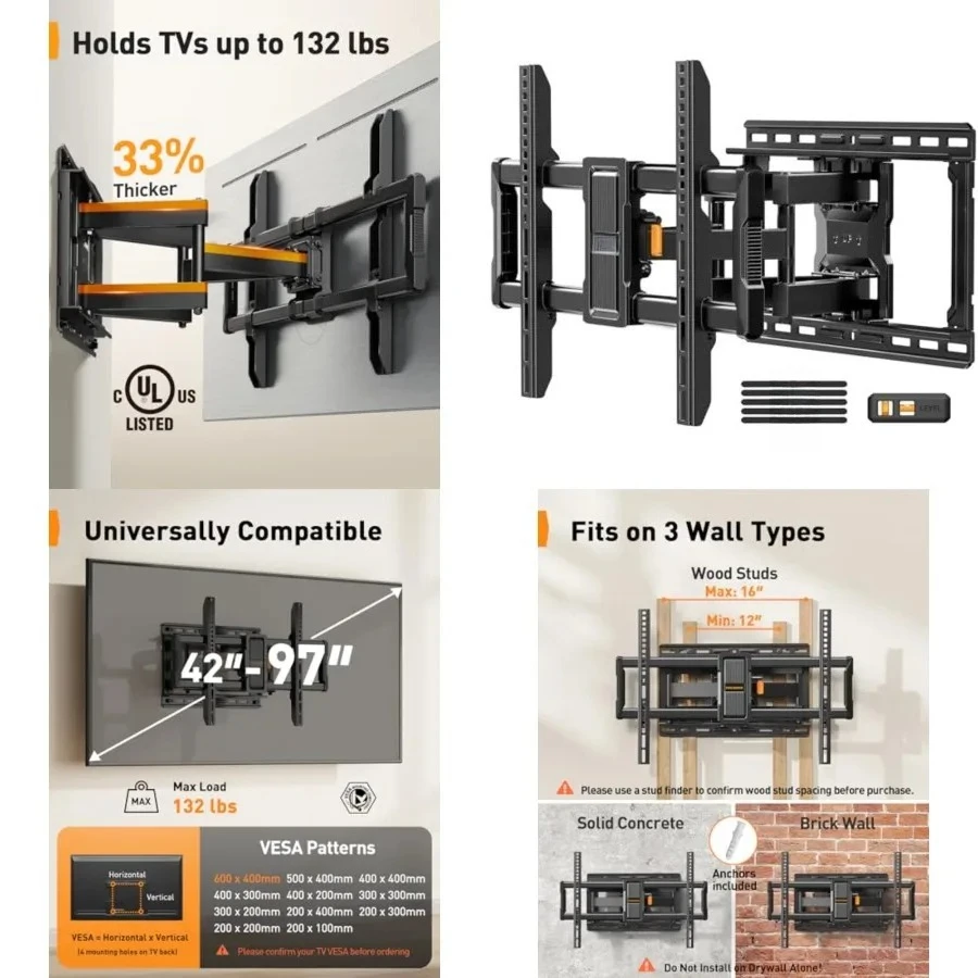 UL-Listed Full Motion TV Wall Mount for 42–97 Inch Flat Curved TVs up to 132 lbs, 12″/16″ Wood Studs, TV Mount Bracket with Tool-Free Tilt, Swivel, Extension, Max VESA 600 x 400mm
UL-Listed Full Motion TV Wall Mount for 42–97 Inch Flat Curved TVs up to 132 lbs, 12″/16″ Wood Studs, TV Mount Bracket with Tool-Free Tilt, Swivel, Extension, Max VESA 600 x 400mm