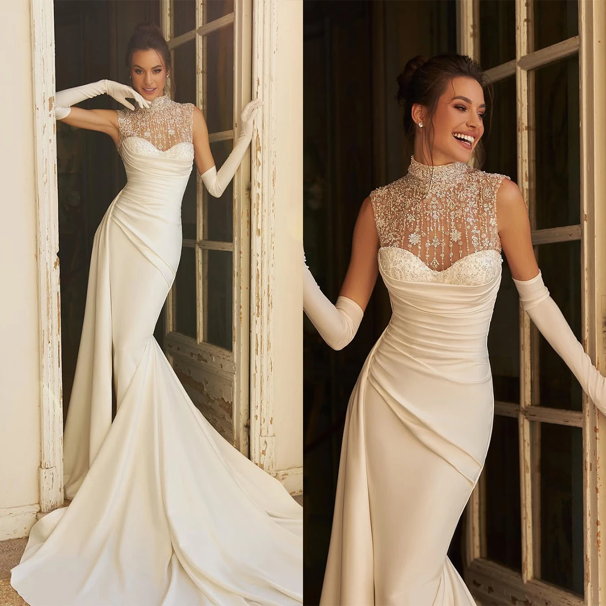 Simple Mermaid Wedding Dresses High Collar Lace Up Appliques Embroidery Bridal Gowns Custom Made Vestidos De Novia
Simple Mermaid Wedding Dresses High Collar Lace Up Appliques Embroidery Bridal Gowns Custom Made Vestidos De Novia