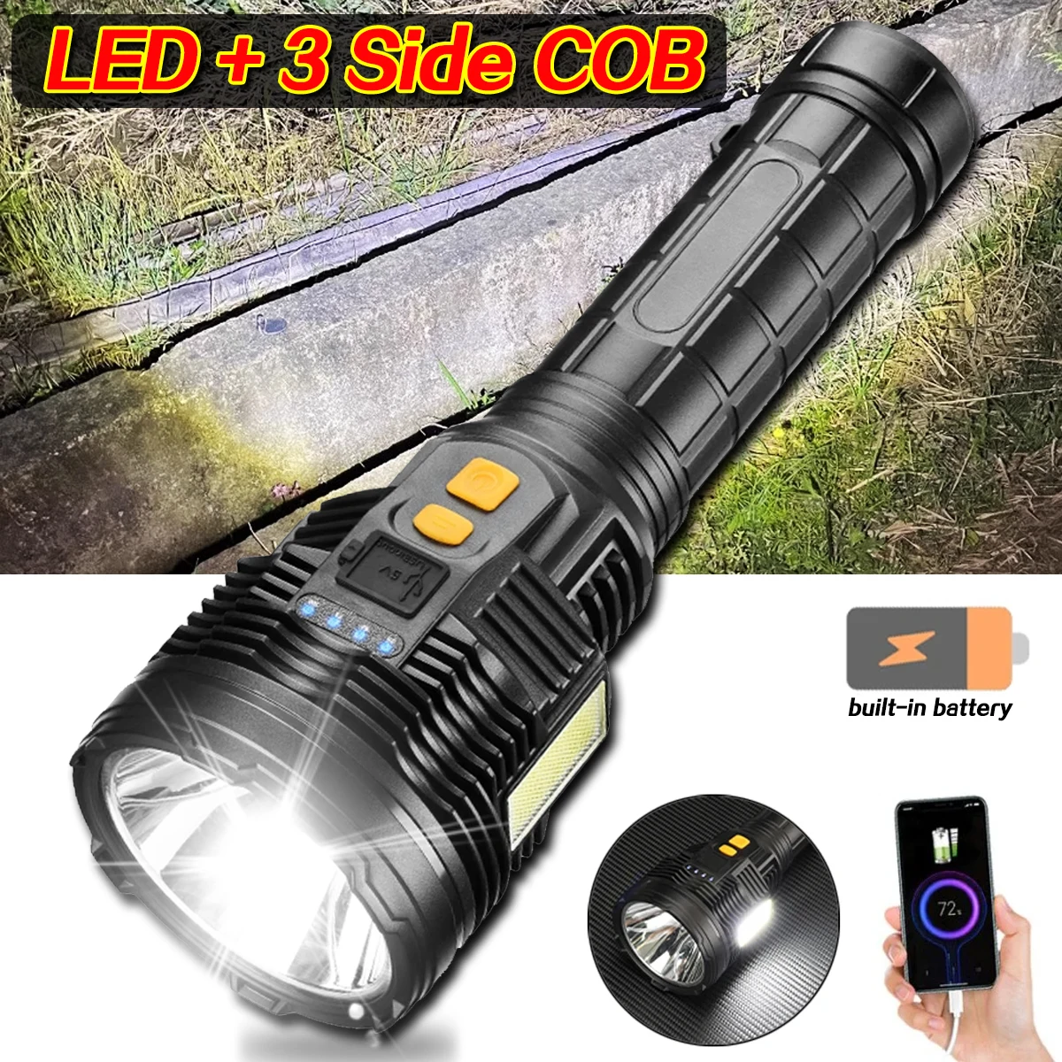 Powerful LED+3*COB Flashlight Type-C Rechargeable Torch Portable Searchlight Waterproof Outdoor Power Bank Lanterns for Camping
Powerful LED+3*COB Flashlight Type-C Rechargeable Torch Portable Searchlight Waterproof Outdoor Power Bank Lanterns for Camping