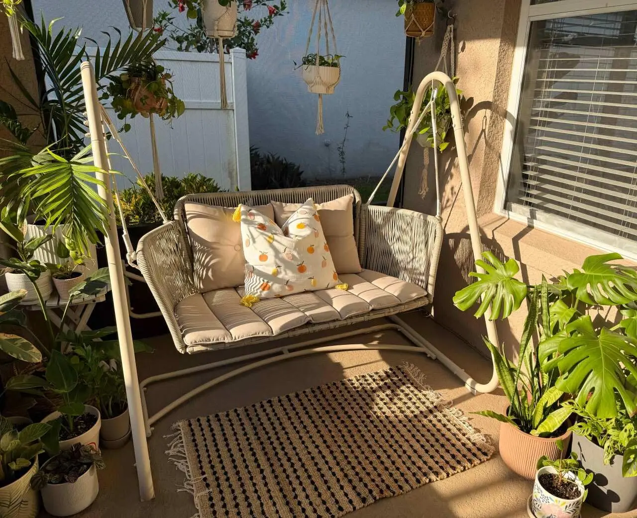 2-Seat Patio Hanging Wicker Swing Chair with Stand Cushion & Pillows Indoor Outdoor Backyard Cream Custom
2-Seat Patio Hanging Wicker Swing Chair with Stand Cushion & Pillows Indoor Outdoor Backyard Cream Custom