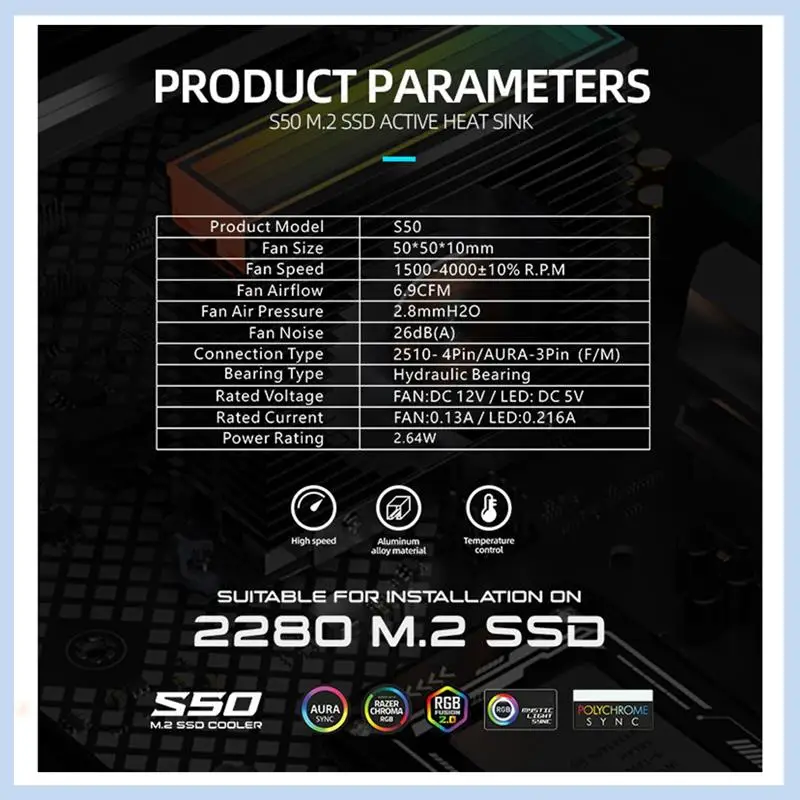 Радиатор SSD-кулер S50 M.2 2280, верхнее зеркало ARGB, двойной ШИМ-вентилятор, детали, аксессуары, черный
Радиатор SSD-кулер S50 M.2 2280, верхнее зеркало ARGB, двойной ШИМ-вентилятор, детали, аксессуары, черный