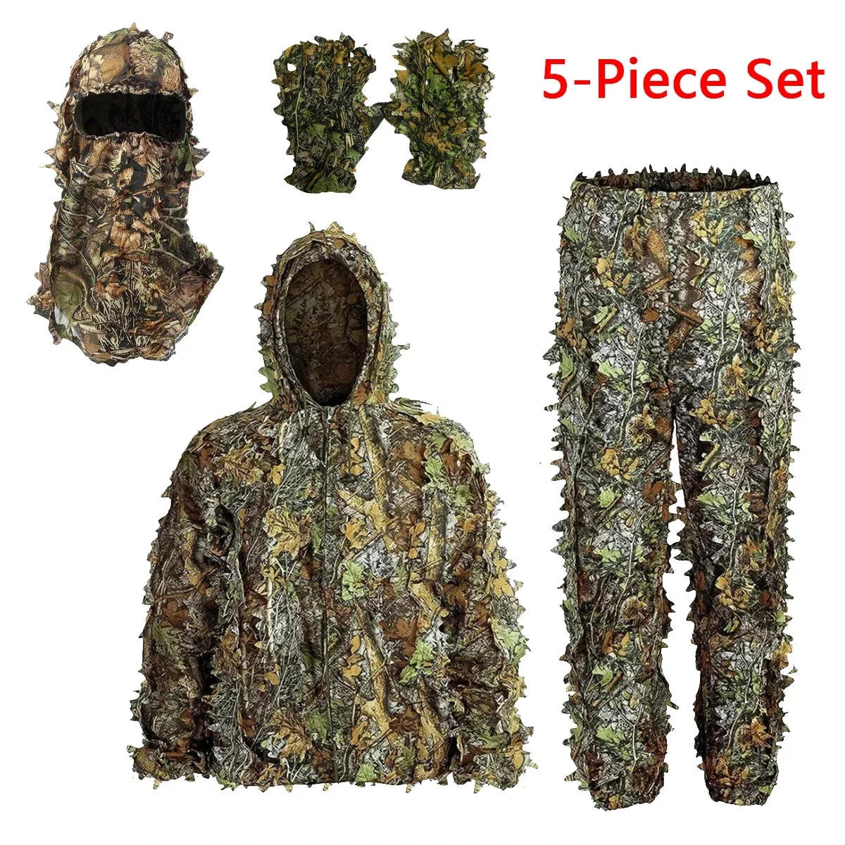5 in 1 Ghillie Suit Breathable Camouflage Suit for Men Women Lightweight Hooded Wild Leafy Design Woodland Hunter Ghillie Suits
5 in 1 Ghillie Suit Breathable Camouflage Suit for Men Women Lightweight Hooded Wild Leafy Design Woodland Hunter Ghillie Suits