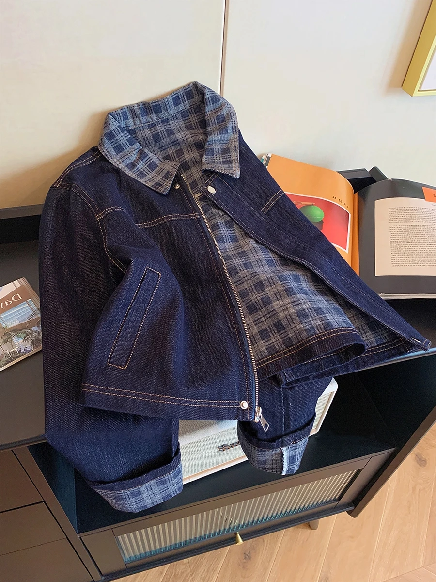 Plaid Color Block Short Denim Jacket Women's Fashionable Anti-Aging Spring Autumn Seasonal Zipper Closure Casual Top
Plaid Color Block Short Denim Jacket Women's Fashionable Anti-Aging Spring Autumn Seasonal Zipper Closure Casual Top
