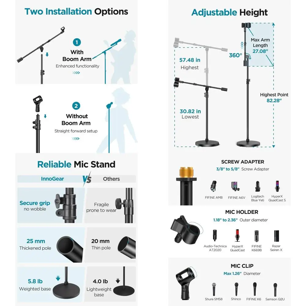 Adjustable Detachable Boom Arm Stand for Microphones, Max Height 82.28, Suitable for SM58, HyperX Quast, Samson Q2U, and K669B S
Adjustable Detachable Boom Arm Stand for Microphones, Max Height 82.28, Suitable for SM58, HyperX Quast, Samson Q2U, and K669B S
