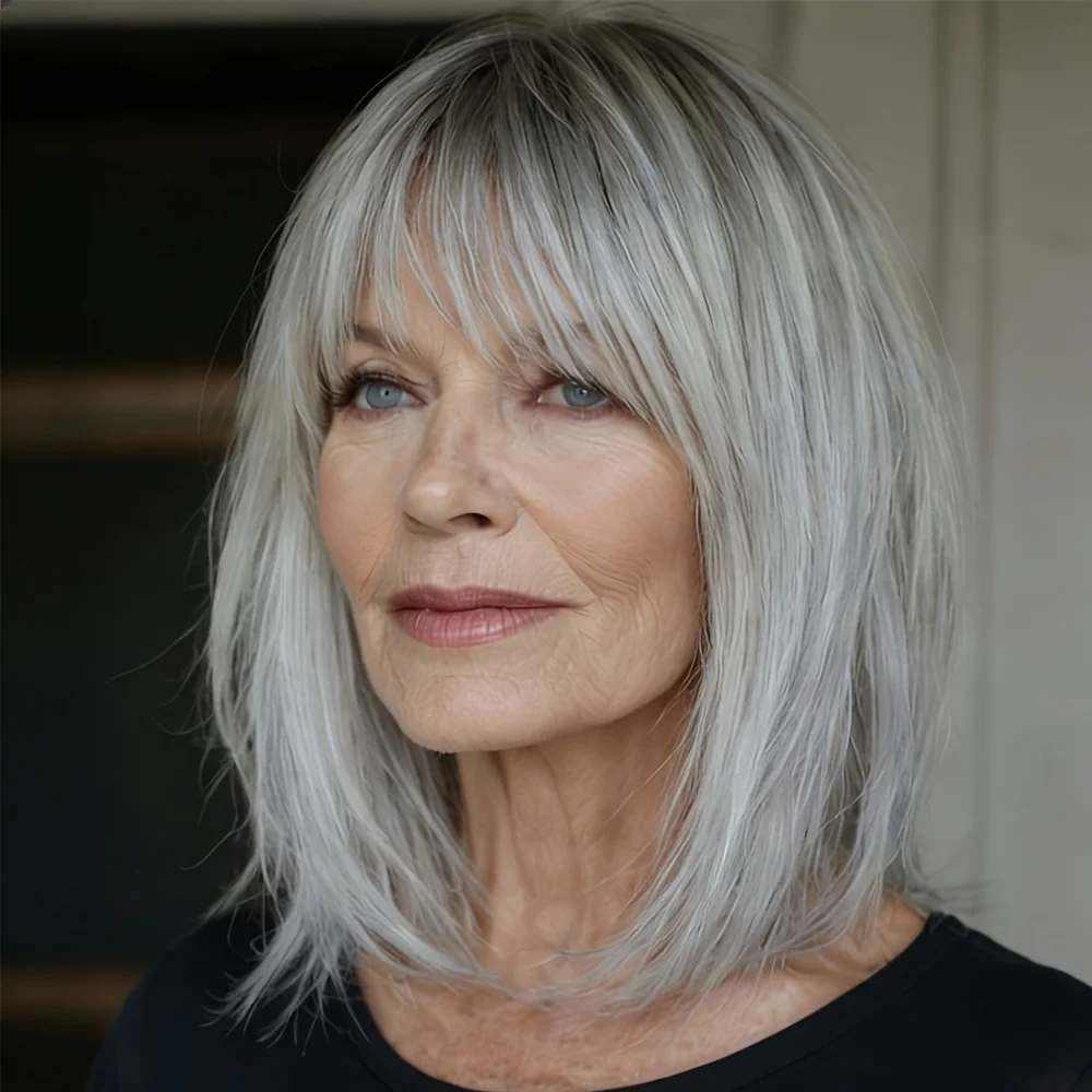 Women's Silver Gray Straight Bob Wig Full Blunt Bangs 180% Density Realistic Layered Silver Gray Human Hair Wig Machine Made
Women's Silver Gray Straight Bob Wig Full Blunt Bangs 180% Density Realistic Layered Silver Gray Human Hair Wig Machine Made