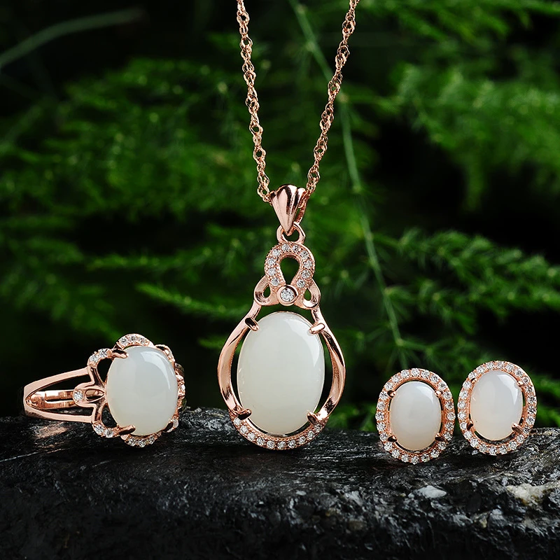 White 925 Sterling Silver Three-Piece with Inlay Women: Hetian Jade Ring, Pendant, and Earrings Set
White 925 Sterling Silver Three-Piece with Inlay Women: Hetian Jade Ring, Pendant, and Earrings Set