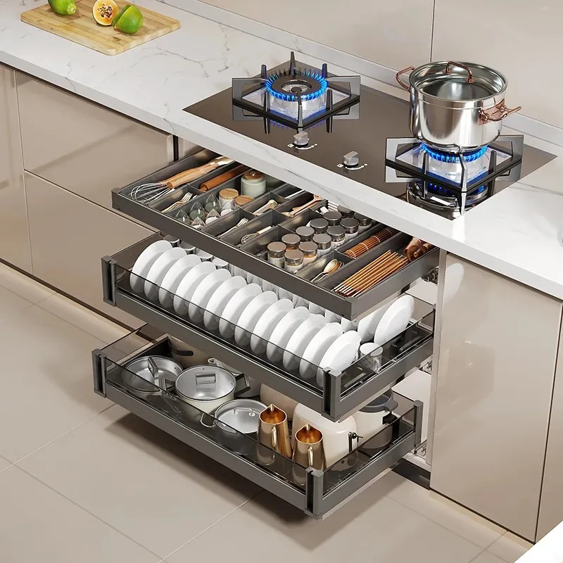 Three-layer kitchen cabinet pull basket, double-layer drawer type dish basket, space aluminum alloy draw, tableware, kitchen
Three-layer kitchen cabinet pull basket, double-layer drawer type dish basket, space aluminum alloy draw, tableware, kitchen