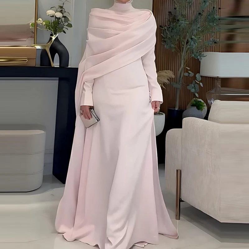 Elegant Stand Collar Cape Long Sleeve Gowns Women's Fashion Irregular Design Pink Evening Dress Casual Draped Solid Long Dress
Elegant Stand Collar Cape Long Sleeve Gowns Women's Fashion Irregular Design Pink Evening Dress Casual Draped Solid Long Dress