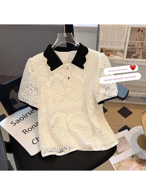 Elegant Hollow out Neck Lace Shirt Women's Short Sleeve Fashionable Design Sensation Silk Top Straight Cut Chinese Origin
Elegant Hollow out Neck Lace Shirt Women's Short Sleeve Fashionable Design Sensation Silk Top Straight Cut Chinese Origin