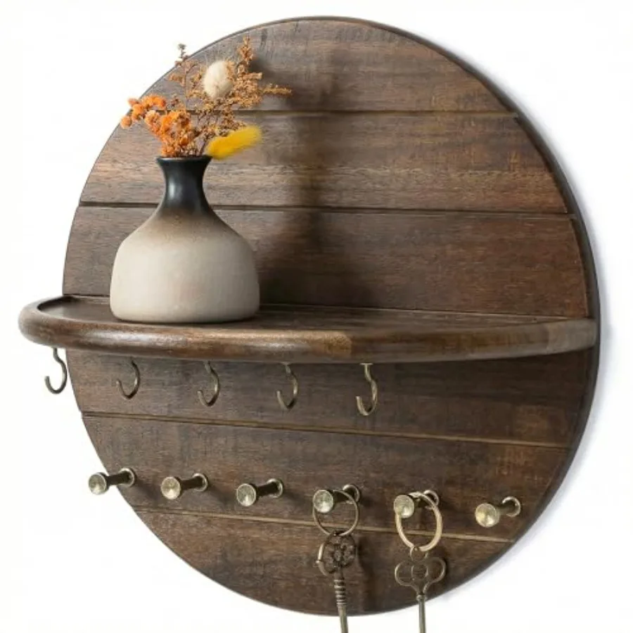 Wood Decorative Key Holder Wall Mount for Home Decor- Farmhouse Round Key Holder for Wall with Shelf and 11 Hooks - Rustic Mail
Wood Decorative Key Holder Wall Mount for Home Decor- Farmhouse Round Key Holder for Wall with Shelf and 11 Hooks - Rustic Mail