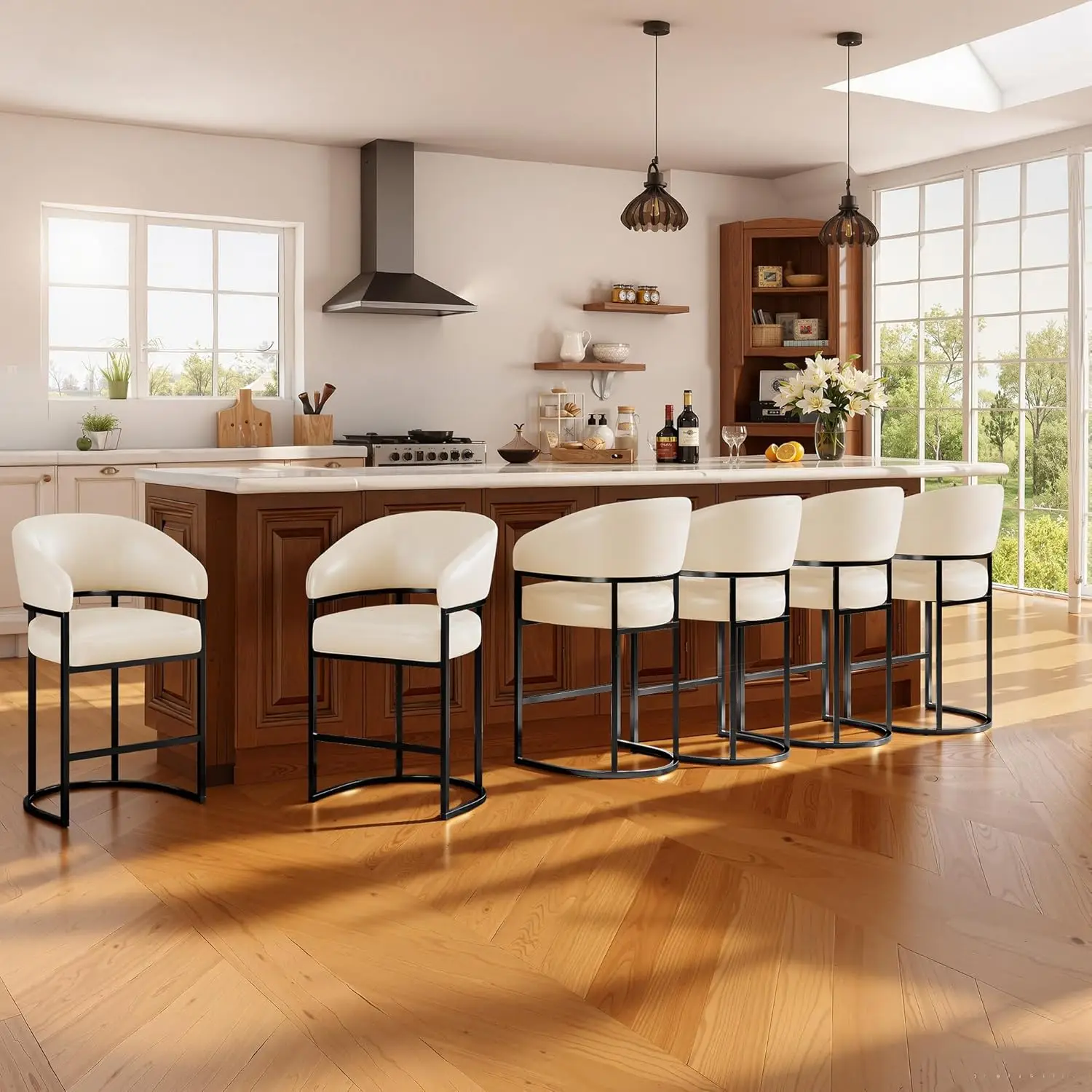 Counter Height Bar Stool PU Leather Barrel Back 26in Kitchen Island Chair Metal Frame 480lbs Beige Customized
Counter Height Bar Stool PU Leather Barrel Back 26in Kitchen Island Chair Metal Frame 480lbs Beige Customized