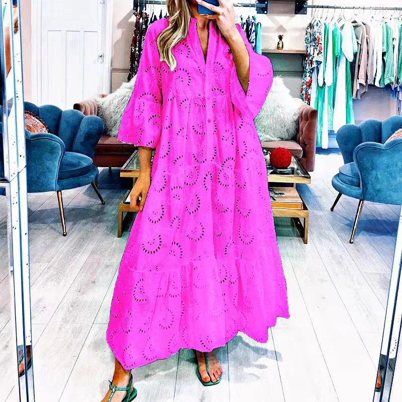 Cotton Long Dress Women Large Size Costume V Neck Flare Sleeve Slim A-Line Robe Fashion Hollow Out Lace Maxi Dresses
Cotton Long Dress Women Large Size Costume V Neck Flare Sleeve Slim A-Line Robe Fashion Hollow Out Lace Maxi Dresses