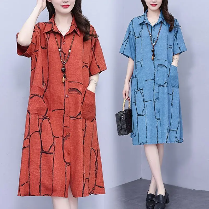 Oversized Summer Cardigan Polo-Neck Blouse Dresses Female Casual Loose Printing Short Sleeve Midi Dress Women Vintage Dress
Oversized Summer Cardigan Polo-Neck Blouse Dresses Female Casual Loose Printing Short Sleeve Midi Dress Women Vintage Dress