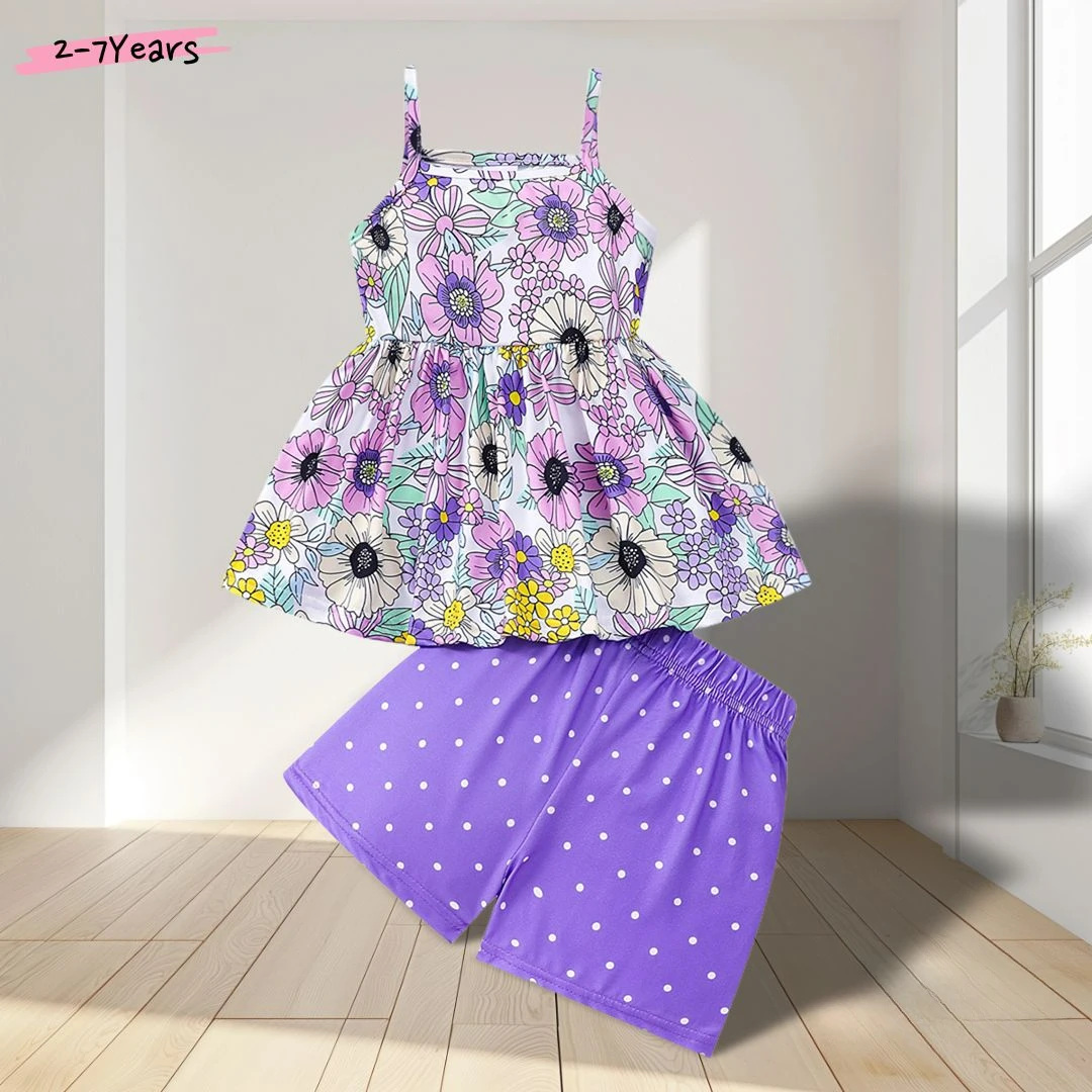 Summer Kids Girls Clothing Set 2 Pcs Sleeveless Sling Tops + Short Pants Purple Flower Soft Ventilate Children's Outfits
Summer Kids Girls Clothing Set 2 Pcs Sleeveless Sling Tops + Short Pants Purple Flower Soft Ventilate Children's Outfits