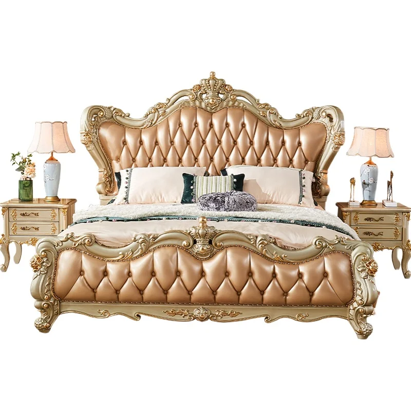European leather solid wood double master bedroom engraved paint luxury champagne gold sticker gold foil princess wedding bed
European leather solid wood double master bedroom engraved paint luxury champagne gold sticker gold foil princess wedding bed