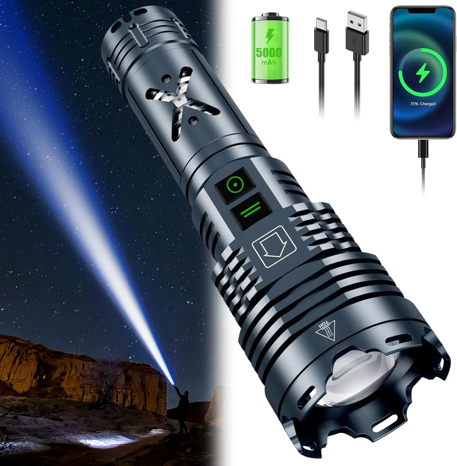 5800 Lumens Rechargeable LED Flashlight, Waterproof Tactical Light with 6 Modes & Zoom for Camping Emergency
5800 Lumens Rechargeable LED Flashlight, Waterproof Tactical Light with 6 Modes & Zoom for Camping Emergency
