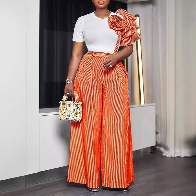 Patchwork Two Piece Set for Women Clothing Flowers Ruffles Short Sleeve T-Shirt Top and Striped Wide Leg Pants Casual Outfits
Patchwork Two Piece Set for Women Clothing Flowers Ruffles Short Sleeve T-Shirt Top and Striped Wide Leg Pants Casual Outfits