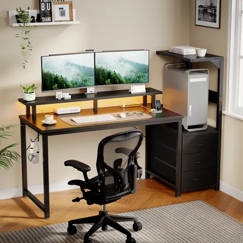JHK 52In to 59In Gaming Desk with 3 Storage Drawers Wood Office Computer Desks with LED Lights Power Outlets for Office Bedroom