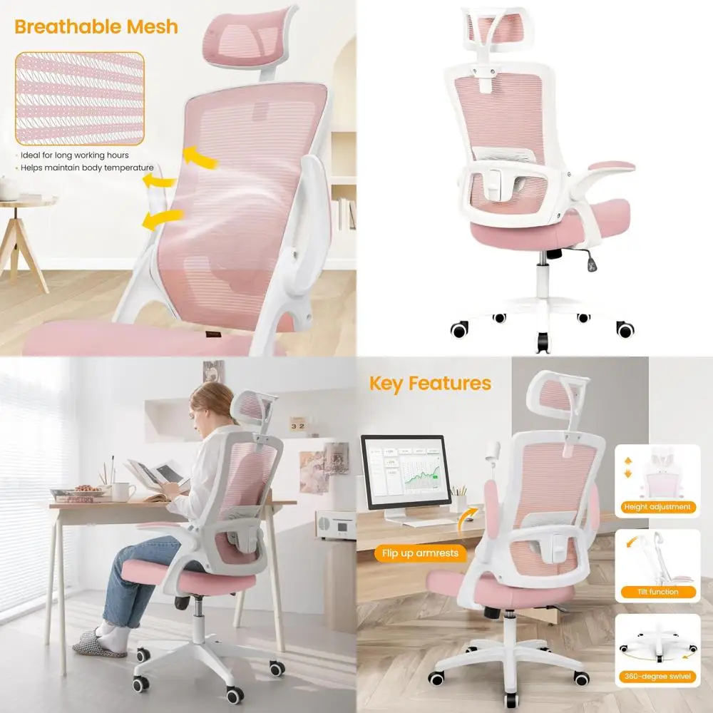 Pink High-Back Ergonomic Desk Chair for Home Office: Adjustable, Mesh, Lumbar Support, Swivel with Headrest and Armrests
Pink High-Back Ergonomic Desk Chair for Home Office: Adjustable, Mesh, Lumbar Support, Swivel with Headrest and Armrests