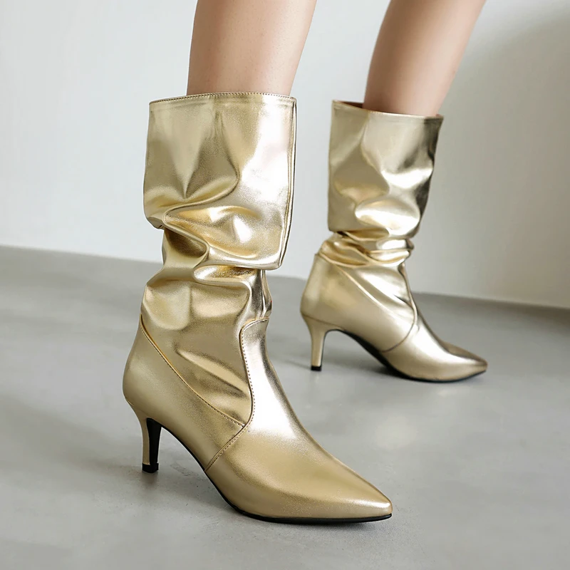 Oversized 47 48 Women Stylish Shoes Shiny Golden Silver Pointed Toe Spike High Heels Botines Pleated Design Luxury Slip-on Boots
Oversized 47 48 Women Stylish Shoes Shiny Golden Silver Pointed Toe Spike High Heels Botines Pleated Design Luxury Slip-on Boots