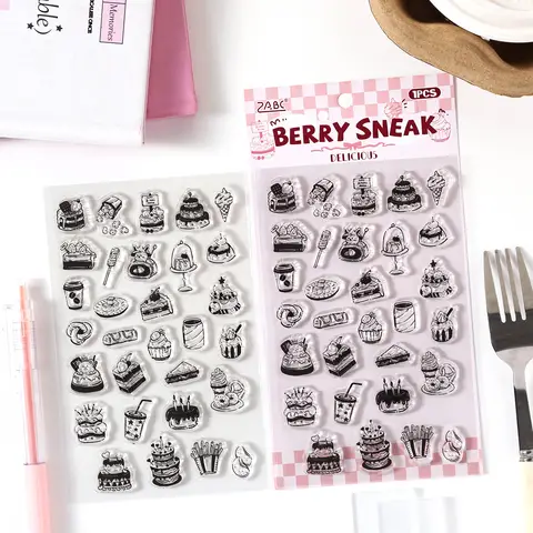1 feuille de tampons en silicone à séchage lent, motifs de dessins animés Kawaii, pour la décoration esthétique de carnets et albums de scrapbooking DIY, tampon mignon