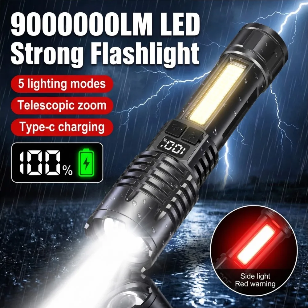 High Power LED Flashlight Type-C Rechargeable Waterproof Torch with COB Side Light Zoom Portable Camping Hiking Emergency Lamp
High Power LED Flashlight Type-C Rechargeable Waterproof Torch with COB Side Light Zoom Portable Camping Hiking Emergency Lamp