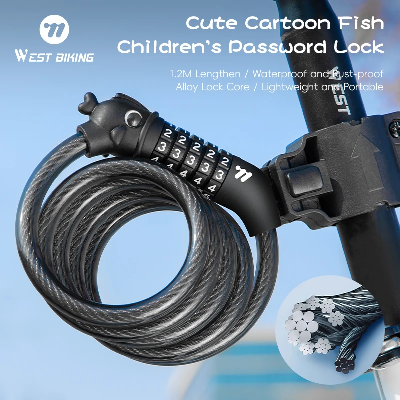 WEST BIKING Children Bike Password Lock 1.2m Alloy Waterproof Anti-Theft Lock Cute Cartoon Fish Head Design Bicycle Accessories
WEST BIKING Children Bike Password Lock 1.2m Alloy Waterproof Anti-Theft Lock Cute Cartoon Fish Head Design Bicycle Accessories