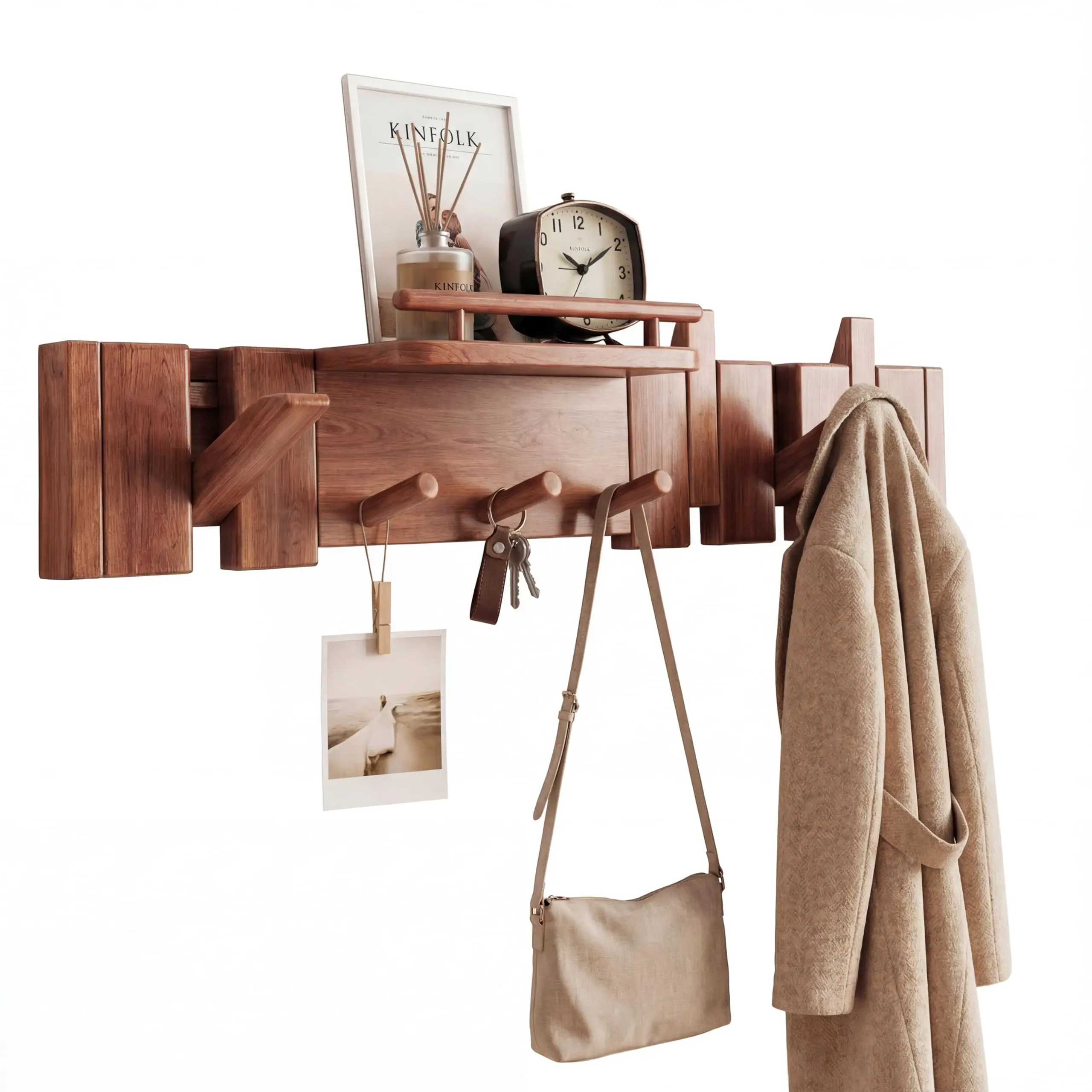 Mid-Century Modern Walnut Wall-Mounted Entryway Organizer With Shelf And 9 Hooks For Coats, Bags, Keys And Decor
Mid-Century Modern Walnut Wall-Mounted Entryway Organizer With Shelf And 9 Hooks For Coats, Bags, Keys And Decor