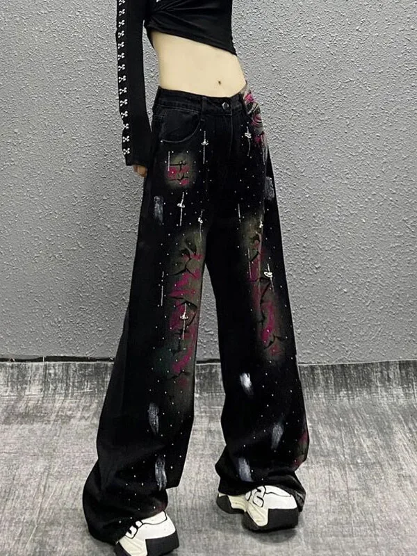 Retro American Spicy Girl Style Loose Wide Leg Jeans Women's Spring Autumn Wear Resistant Black Dyed Tie Dye Denim Pants
Retro American Spicy Girl Style Loose Wide Leg Jeans Women's Spring Autumn Wear Resistant Black Dyed Tie Dye Denim Pants