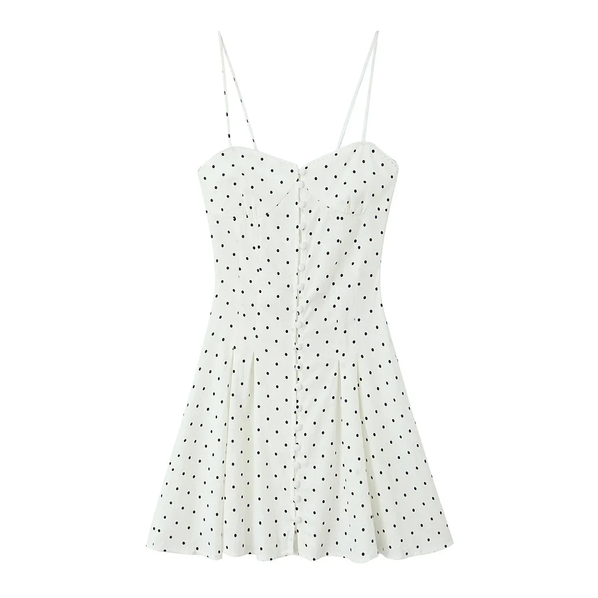 Женское приталенное мини-платье в горошек, без рукавов
Женское приталенное мини-платье в горошек, без рукавов