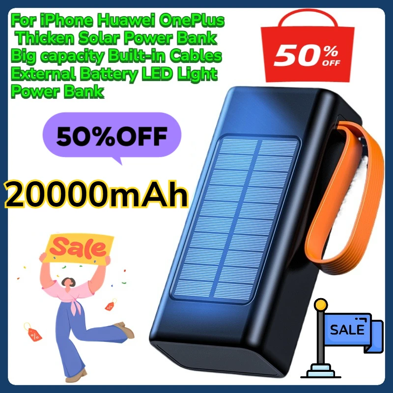 For iPhone Huawei OnePlus 20000mAh Thicken Solar Power Bank Big capacity Built-in Cables External Battery LED Light Power Bank
For iPhone Huawei OnePlus 20000mAh Thicken Solar Power Bank Big capacity Built-in Cables External Battery LED Light Power Bank