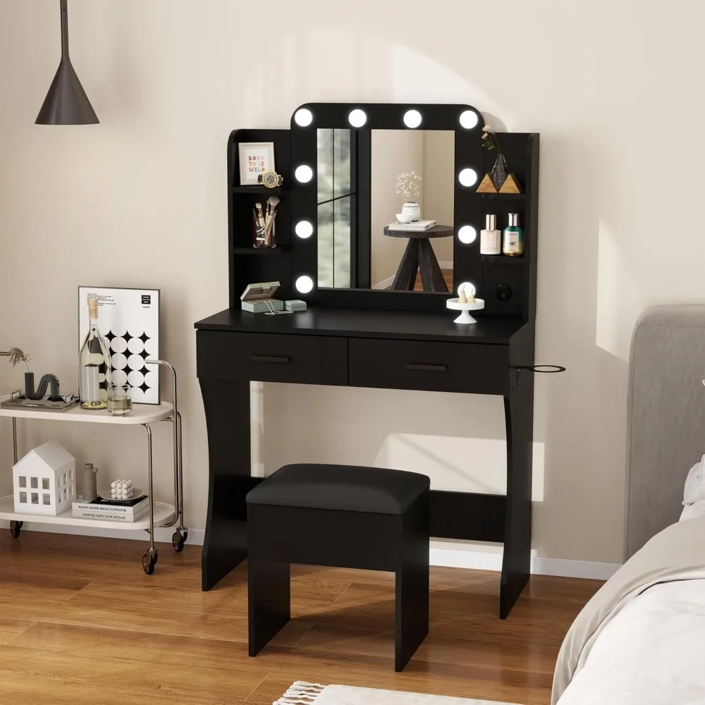 LED Lights and Power Outlet Makeup Table with 2 Large Drawers and Round Holder, with Cushioned Stool for Bedroom, Dressing Room
LED Lights and Power Outlet Makeup Table with 2 Large Drawers and Round Holder, with Cushioned Stool for Bedroom, Dressing Room