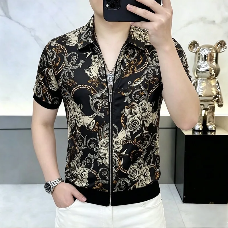 Luxury Summer Printed Cardigan T-shirt Men Short Sleeve Zipper Shirt Ice Silk Breathable Casual Social T-shirts Streetwear Top
Luxury Summer Printed Cardigan T-shirt Men Short Sleeve Zipper Shirt Ice Silk Breathable Casual Social T-shirts Streetwear Top