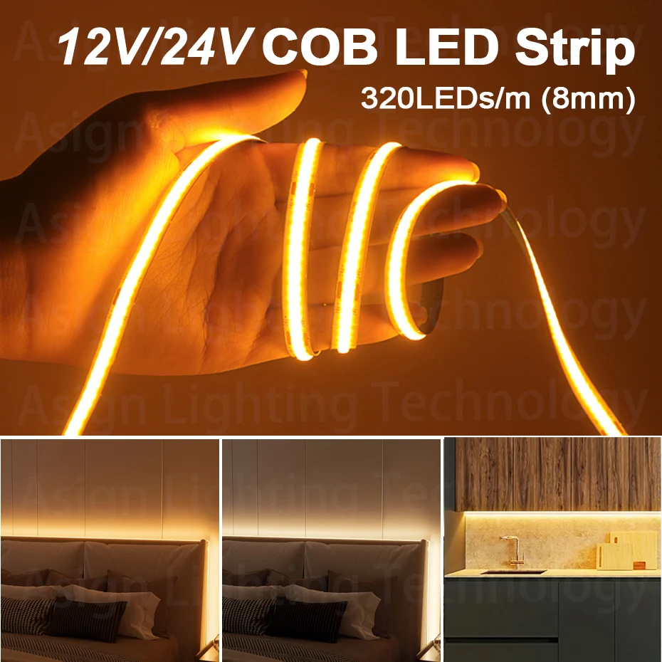 High Density Linear Lighting COB LED Strip Light Dupont Interface DC12V 24V 1m-5m Adhesive Tape 320LEDs/m 8mm for Home Decor
High Density Linear Lighting COB LED Strip Light Dupont Interface DC12V 24V 1m-5m Adhesive Tape 320LEDs/m 8mm for Home Decor