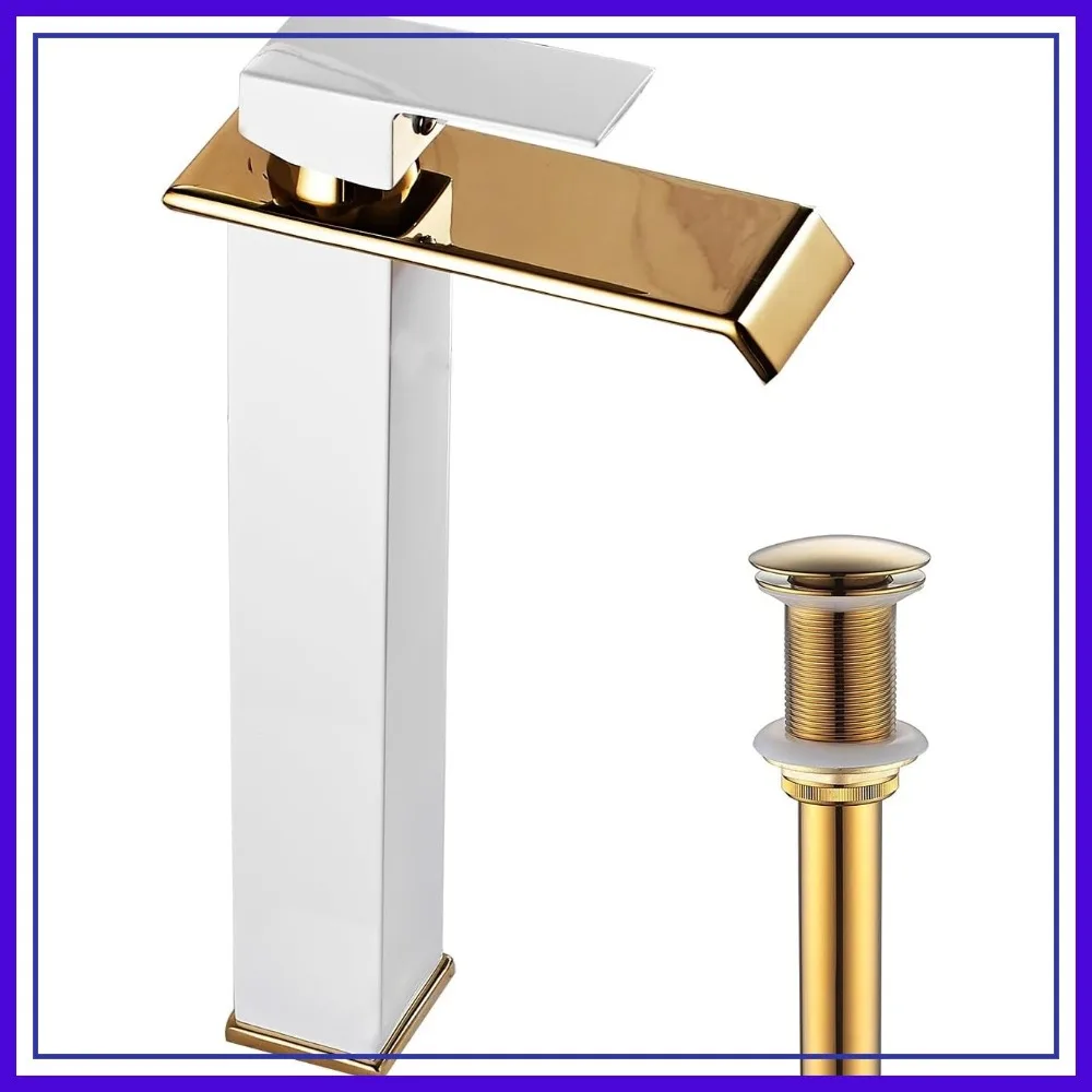 Modern White Gold Vessel Sink Faucet, Waterfall Spout Single Hole Basin Faucet with Pop Up Drain Stopper & Supply Hose
Modern White Gold Vessel Sink Faucet, Waterfall Spout Single Hole Basin Faucet with Pop Up Drain Stopper & Supply Hose