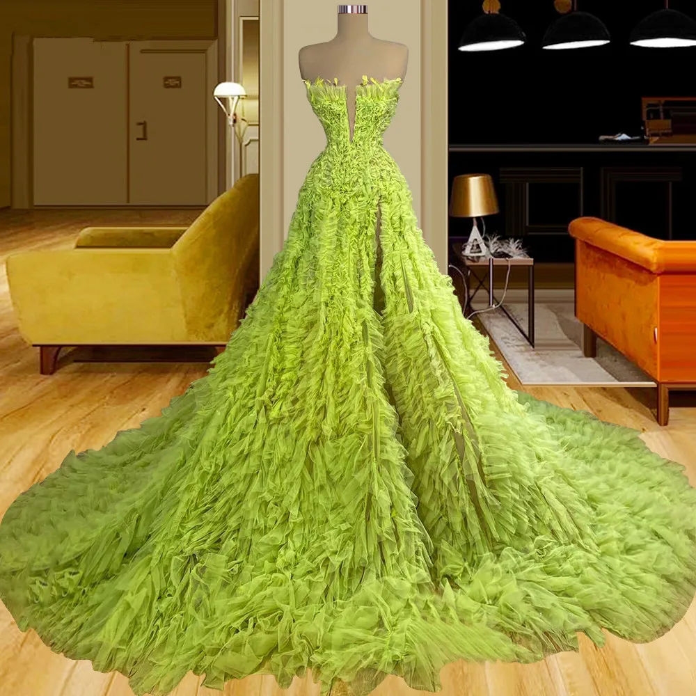 Lime Green Prom Dresses A-line Tulle Ruffles Slit Long Dubai Saudi Arabia Prom Gown Evening Robe De Soiree Haute Customized
Lime Green Prom Dresses A-line Tulle Ruffles Slit Long Dubai Saudi Arabia Prom Gown Evening Robe De Soiree Haute Customized