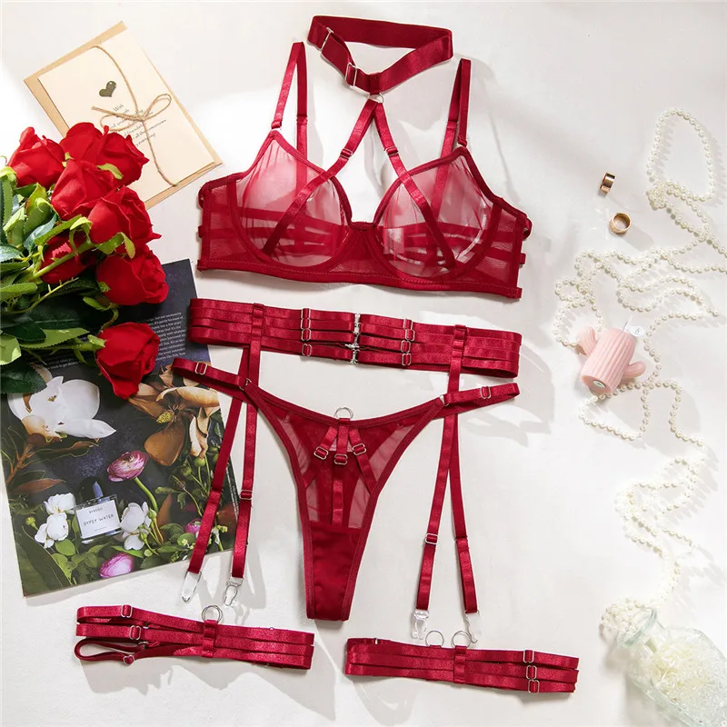 Sexy Lingerie Sets 4 PCS Romantic Bra Solid Mesh Underwear Chocker Legbands Bra Brief Set Female Thin See Through Exotic Sets
Sexy Lingerie Sets 4 PCS Romantic Bra Solid Mesh Underwear Chocker Legbands Bra Brief Set Female Thin See Through Exotic Sets