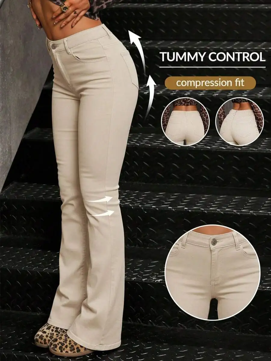 Womens Mid-Waist Skinny Flare Jeans Beige Tummy Control Compression Fit
Womens Mid-Waist Skinny Flare Jeans Beige Tummy Control Compression Fit