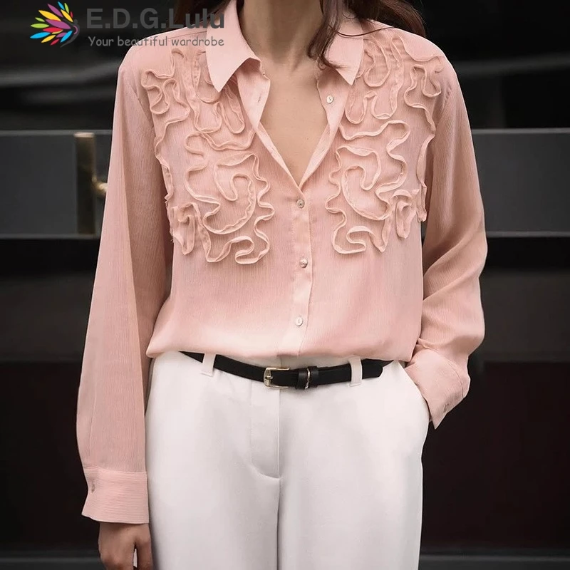 EDGLuLu New Arrival Women's Office Casual Long Sleeve Pink Blouse Turn-Down Collar Splicing Irregular Floral T-Shirt Top 0519
EDGLuLu New Arrival Women's Office Casual Long Sleeve Pink Blouse Turn-Down Collar Splicing Irregular Floral T-Shirt Top 0519