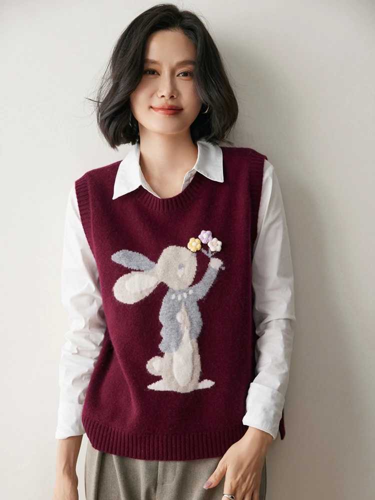 Ретро милый маленький кролик жаккардовый 100% кашемировый жилет осень-зима новый женский свободный вязаный жилет без рукавов с круглым вырезом высокого класса 
Ретро милый маленький кролик жаккардовый 100% кашемировый жилет осень-зима новый женский свободный вязаный жилет без рукавов с круглым вырезом высокого класса