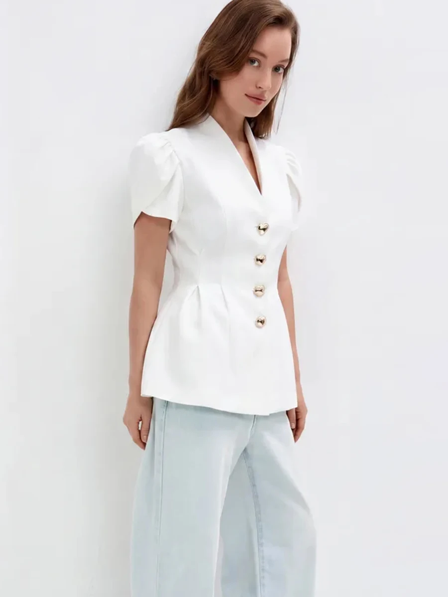 LIMO Women Puff Short Sleeve V Neck Solid Color Metal Buttons Peplum Hem Blazer Slim Waist Pleated Elegant Office Jacket
LIMO Women Puff Short Sleeve V Neck Solid Color Metal Buttons Peplum Hem Blazer Slim Waist Pleated Elegant Office Jacket