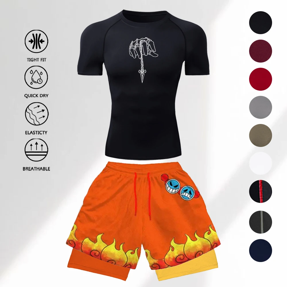 Men's Anime Hand & Spear Print Compression Training Set Quick Dry Gym T-Shirt + 3D Flame Double Layer Shorts Sports Suit
Men's Anime Hand & Spear Print Compression Training Set Quick Dry Gym T-Shirt + 3D Flame Double Layer Shorts Sports Suit