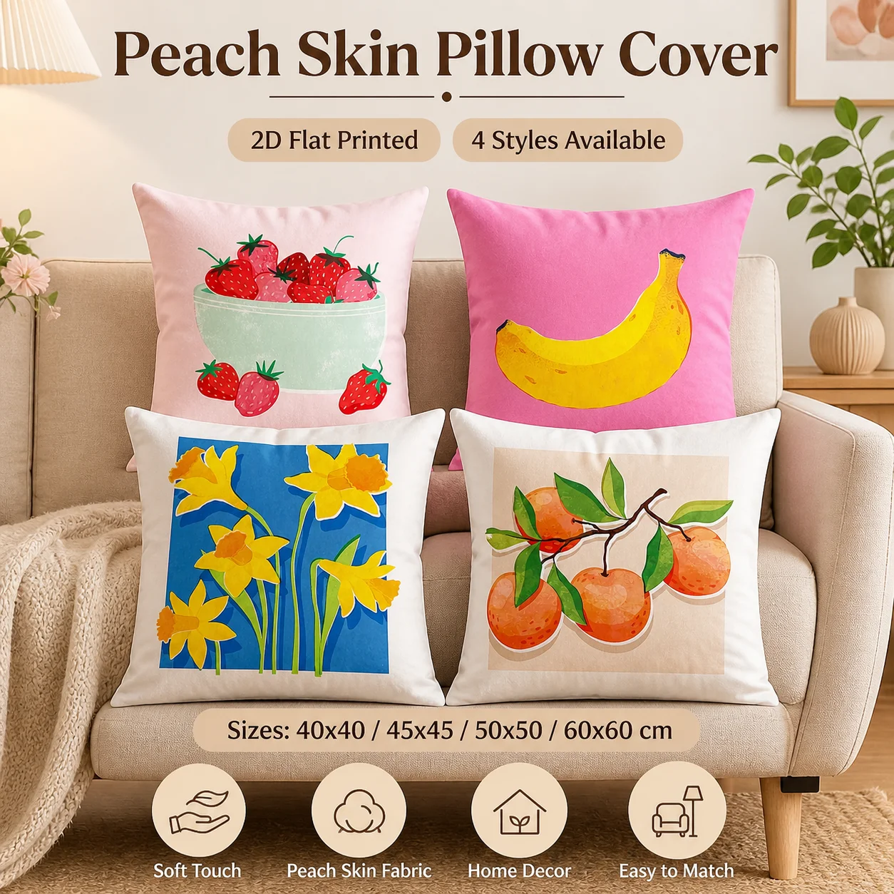 2D Flat Printed Peach Skin Cushion Cover Cute Strawberry Banana Fruit Pattern Pillowcase For Sofa Living Room Home Decor Gift
2D Flat Printed Peach Skin Cushion Cover Cute Strawberry Banana Fruit Pattern Pillowcase For Sofa Living Room Home Decor Gift
