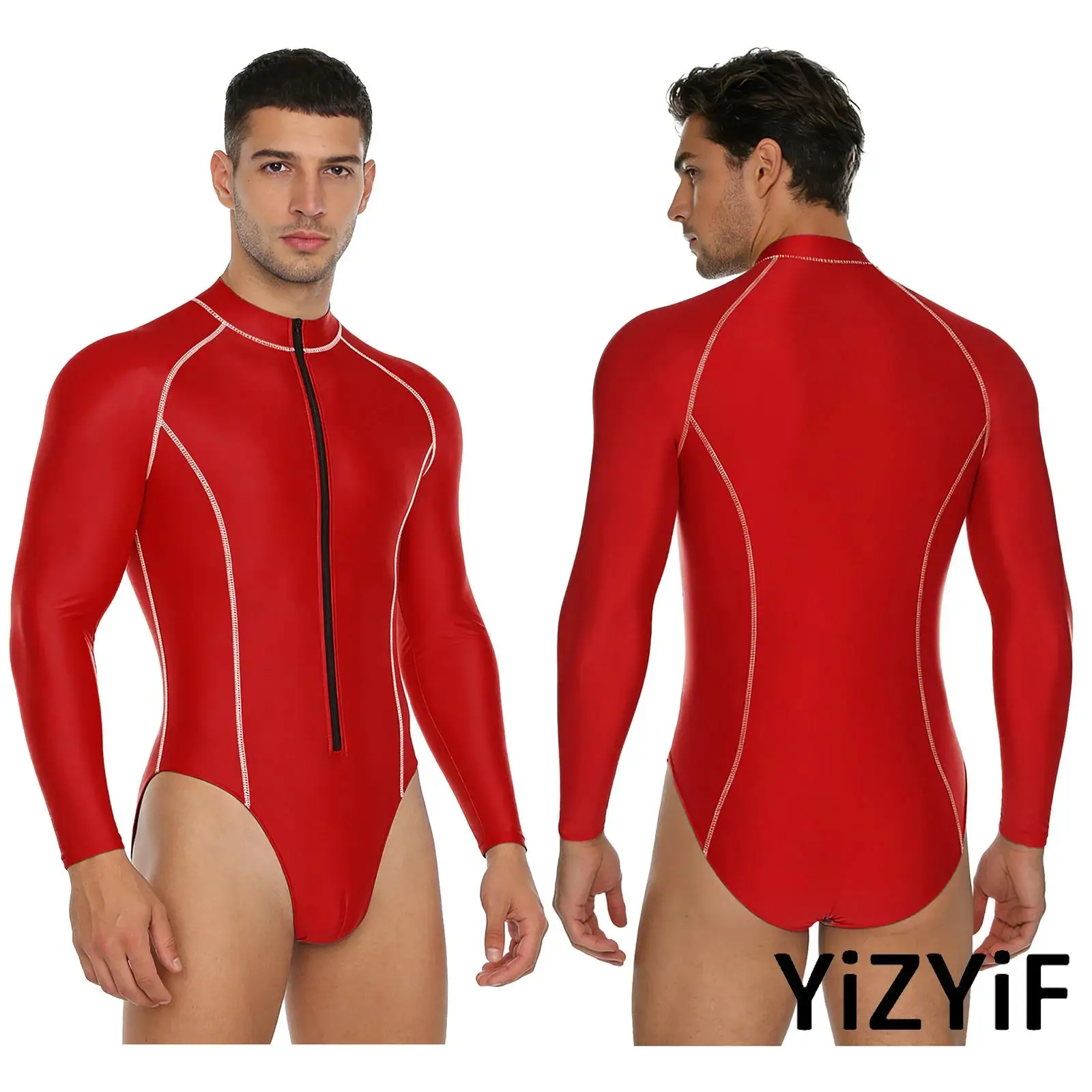 Mens Glossy Long Sleeve Bodysuit Jumpsuit Mock Neck And Front Zipper Rash Guard Leotard for Beach Surfing Swimming And Workout
Mens Glossy Long Sleeve Bodysuit Jumpsuit Mock Neck And Front Zipper Rash Guard Leotard for Beach Surfing Swimming And Workout