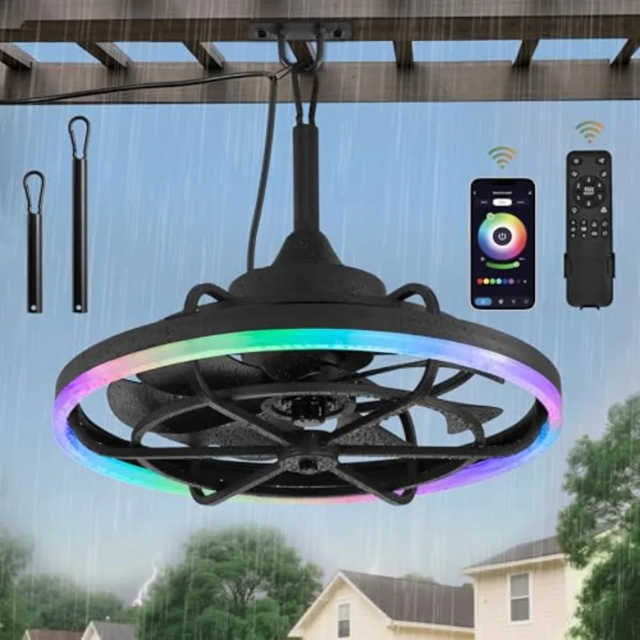 Outdoor RGB Ceiling Fan for Patios, 20 Waterproof Plug-in Fan, Gazebo Fan with Remote APP Control, 3CCT Dimmable Light, Caged M
Outdoor RGB Ceiling Fan for Patios, 20 Waterproof Plug-in Fan, Gazebo Fan with Remote APP Control, 3CCT Dimmable Light, Caged M