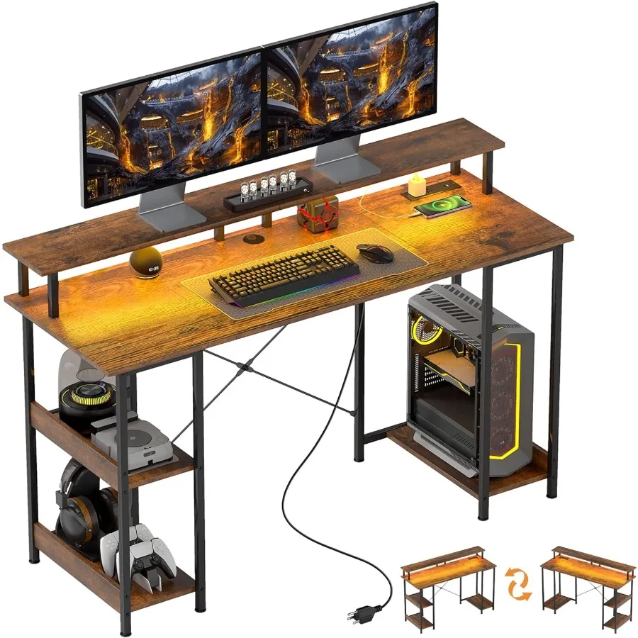 55 Reversible Gaming Desk with Integrated Power Outlets and Ambient LED Lighting Includes Monitor Stand and DualTier Storage Sh
55 Reversible Gaming Desk with Integrated Power Outlets and Ambient LED Lighting Includes Monitor Stand and DualTier Storage Sh